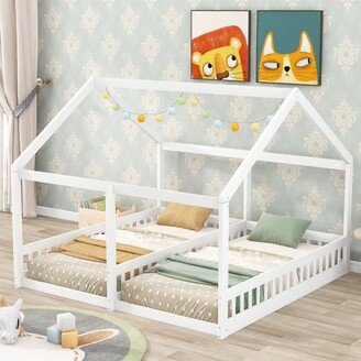 Calnod Twin Size House Platform Bed, Wood 2 Shared Bedframe with Little Stairway for Kids Teens Adults, 2 in 1, No Need Spring Box-AB