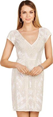 Women's V-Neck Beaded Bridal Mini with Cap Sleeves