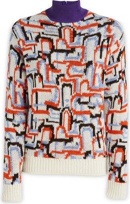 Abstract Graphic Embroidered Turtleneck Knit Sweater