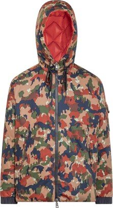 Camouflage-Printed Reversible Hooed Bomber Jacket