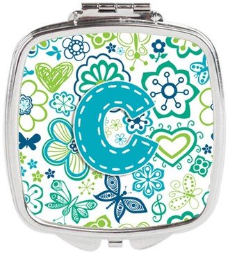 CJ2006-CSCM Letter C Flowers & Butterflies Teal Blue Compact Mirror