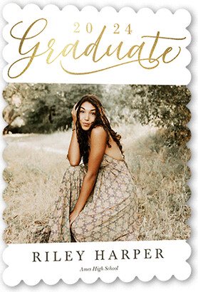 Graduation Announcements: Exultant Grad Graduation Announcement, Gold Foil, White, 5X7, Matte, Signature Smooth Cardstock, Scallop