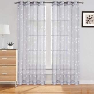 GlowSol Sheer Curtains for Living Room Leaf Embroidery Window Treatment Rod Pocket Window Kitchen Cafe Curtains