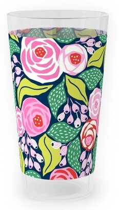 Outdoor Pint Glasses: Colourful Papercut Roses - Pink On Dark Blue Outdoor Pint Glass, Pink