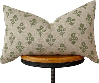 Block Print Linen Pillow Cover, Green Floral Natural Lumbar Cover 