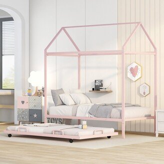 EDWINRAY Twin Size Metal House Shape Platform Bed with Trundle, Built-in Ladder & Solid Metal Slat Support for Kids Teens Bedroom, Pink