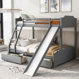 RASOO Twin over Full Size Upholstery Bunk Bed with Two Drawers and Slide, Convertible Slide and Ladder, Headboard and Footboard