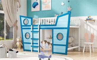 GREATPLANINC Cool Theme Kids Bed Boat Shape Loft Bed Wood Frame with Ladder and Guardrail, Let Your Little Captain Sailing in the Dream