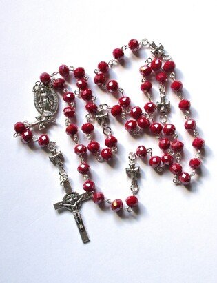 Dark Red Catholic Rosary, Ab Faceted Opaque Rondelles, Italian Made Crucifix, 49