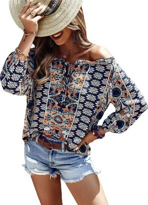 Women's Boho Print Off Shoulder Long Sleeve Knot Front Blouse Tops Blue S