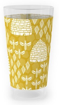 Outdoor Pint Glasses: Bee Hives, Spring Florals Linocut Block Printed - Golden Yellow Outdoor Pint Glass, Yellow