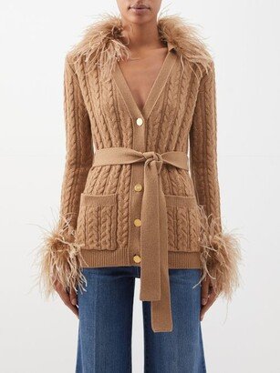 Cable-knit Feather-trim Wool Cardigan