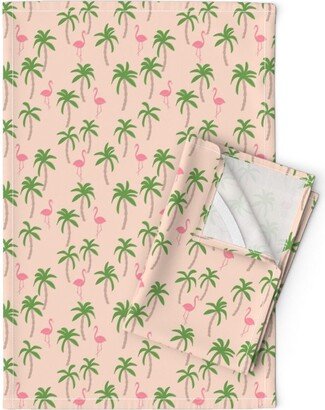 Palm Tree Tea Towels | Set Of 2 - Peach Summer By Andrea Lauren Pink Flamingo Kitsch Linen Cotton Spoonflower