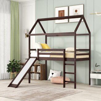 Aoolive Twin Size Loft Bed with Slide, Cute House Shaped Kids Bed with Ladder