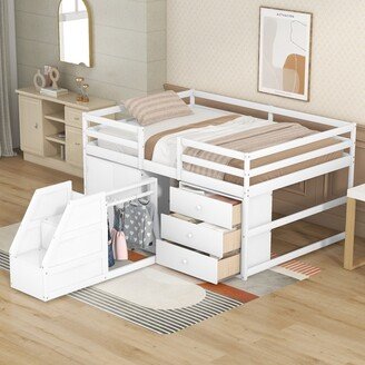 Joliwing Full Size Loft Bed,Functional Wood Loft Bed with Cabinets and Drawers,White