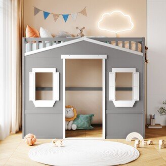 EDWINRAY House Loft Bed Twin Kids Playhouse Bed, Solid Wood Loft Bed Frame with Window and Ladder, for Girls Boys, Grey+White