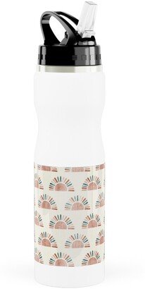 Photo Water Bottles: Sunshine - Block Print Boho Sun Print - Dusty Pink/Blue/Teracotta Stainless Steel Water Bottle With Straw, 25Oz, With Straw, Pink