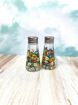 Salt & Pepper Shakers. Wildflower Hand Painted Hostess Or Housewarming Gift. Colorful Floral Vintage Handmade