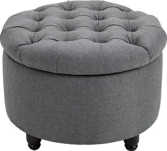 HOMCOM Round Linen-touch Fabric Storage Stool Ottoman Button Tufted Footrest with Removable Lid for Living Room, Entryway, or Bedroom, gray