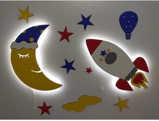 Set Of 2 Boys Night Light, Space Childrens Room Rocket Nursery Wall Decor