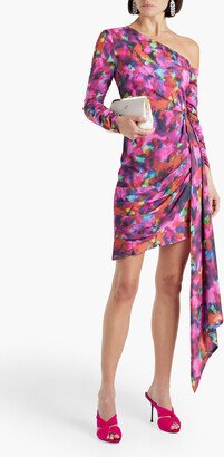 One-sleeve ruched printed satin-crepe mini dress