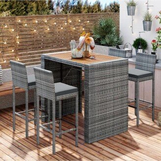 Patio Rattan Dining Table set with 7 pieces in Black Rattan and Beige Cushion