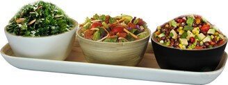 White Bamboo Tray with Three Tricolor Bowls, in Natural, Black, and White