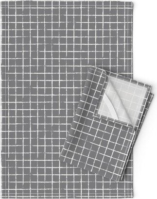 Abstract Checkered Tea Towels | Set Of 2 - Minimal Grid By Littlesmilemakers Geometric Distressed Linen Cotton Spoonflower
