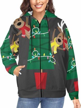 LOSARON Christmas Elks and Tree Women's Full-Zip Hooded Sweatshirt Oversized Sweaters Lightweight Dressy Streetwear with Pockets 4XL