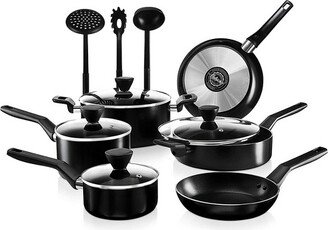 13 Piece Aluminum Nonstick Kitchen Cookware Pots and Pan Set with Lids, Strainer and Cooking Utensils, Black