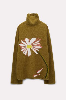 Turtleneck pullover with intarsia knit flower