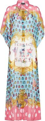 Butterflies-Printed Button-Up Chiffon Shirt Dress