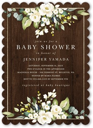 Baby Shower Invitations: Delicate Floral Frame Baby Shower Invitation, Brown, 5X7, Pearl Shimmer Cardstock, Scallop