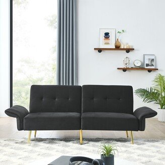 TOSWIN Velvet Futon Sofa Bed with Folded Armrests and Storage Bags