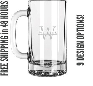 Custom Engraved Glass Beer Mug, Personalized, Holiday, Groomsman, Dad Gift, Last Name, Monogram Or Initials, Ships in 48 Hours