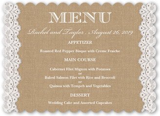 Wedding Menu Cards: Burlap And Lace Wedding Menu, Beige, 5X7 Flat Menu, Pearl Shimmer Cardstock, Scallop