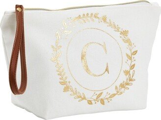 Glamlily Gold Initial C Personalized Makeup Bag for Women, Monogrammed Canvas Cosmetic Pouch (White, 10 x 3 x 6 In)