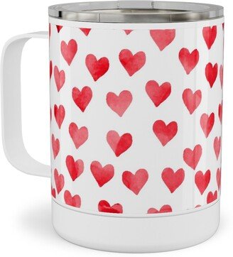 Travel Mugs: Watercolor Hearts - Red Stainless Steel Mug, 10Oz, Red
