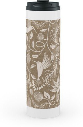 Travel Mugs: Papercutting Floral And Hummingbirds - Neutral Stainless Mug, White, 20Oz, Beige