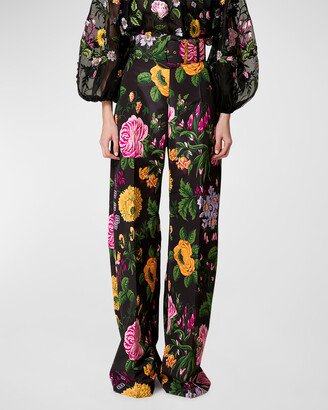 High-Rise Floral-Print Wide-Leg Satin Pants