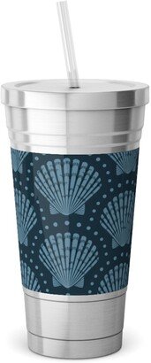 Travel Mugs: Pretty Scallop Shells - Navy Blue Stainless Tumbler With Straw, 18Oz, Blue