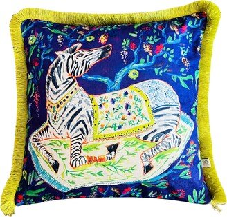 Zebra Pattern Throw Pillow Cover - Navy Blue Velvet Case Mustard Tassel Decorative Home Decor Animal Print