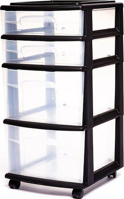 Homz Plastic 4 Clear Drawer Medium Home Organization Storage Container Tower with 2 Large Drawers and 2 Small Drawers, Black Frame