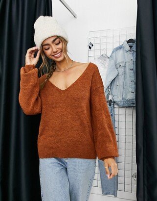 Emmy deep v-neck soft knit sweater in rust