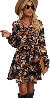 Antiy Women's Dresses Floral Print Overlap Collar Bishop Sleeve Belted Dress Dress for Women (Color : Multicolor