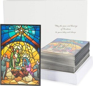 Faithful Finds 48-Pack Religious Christmas Cards with Foil Lined Envelopes, Stained Glass Design (4 x 6 In)