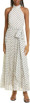 Polka Dot Mock Neck Sunray Pleat Dress