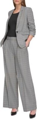 Petite Printed Ruched Sleeve One Button Blazer Plaid Wide Leg Pants