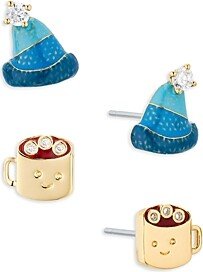 Ajoa by Chalet Chic Hat & Hot Cocoa Stud Earrings Set in 18K Gold Plated