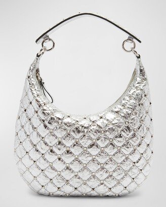 Small Rockstud Quilted Metallic Hobo Bag